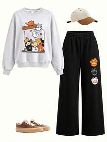 2pcs/Set Pakaian Kasual Anak Perempuan, Sweatshirt Bergambar Kucing Lucu + Celana Panjang, Kain Lembut, Cocok Untuk Pemakaian Sehari-hari Dan Sekolah - Grey - View 2