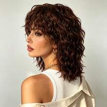 Natural Messy Medium-Long Curly Wavy Wig In Black And Brown, Heat-Resistant Synthetic Fiber, Suitable For Daily Wear, Parties And Halloween, With Bangs - Multicolor - View 9
