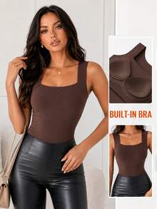 ChicMe Women's Seamless Sleeveless Square Neck Camisole With Built-In Padded Bra, Stretchy Fitted Casual Undershirt Elegant Summer - Coffee Brown - View 1