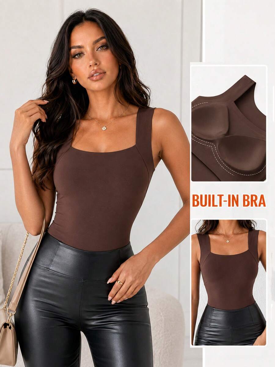 ChicMe Women's Seamless Sleeveless Square Neck Camisole With Built-In Padded Bra, Stretchy Fitted Casual Undershirt Elegant Summer - Coffee Brown - View 1