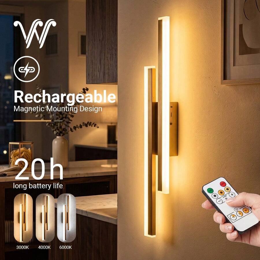 wamblz 50cm 充電式無線壁燈，可調光電池供電 LED 壁燈，磁吸式鋁合金金色壁燈，適用於臥室、客廳、走廊、樓梯、洞洞板、沙發、電視背景牆 - 金子 - 查看 1