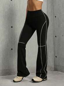 Hidkat Women's Fashion Solid Color High Waist Casual Yoga Sports Knit Flare Pants - Black - View 5