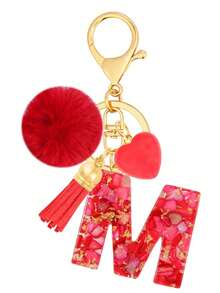 Cute Initial Red Heart Gold Foil Stone Tassel Pom Pom Keychain Resin Drip Glue Minimalist Personalized Key Chain For Women Bags Daily Wear And Gift - Red - View 25