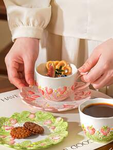 Embossed Underglaze Painted Strawberry Ceramic Cup And Saucer Set, Coffee Cup, Milk Cup, Breakfast Cup, Afternoon Tea Cup, Suitable For Home And Office, Perfect Holiday Birthday Housewarming Gift - Multicolor - View 8