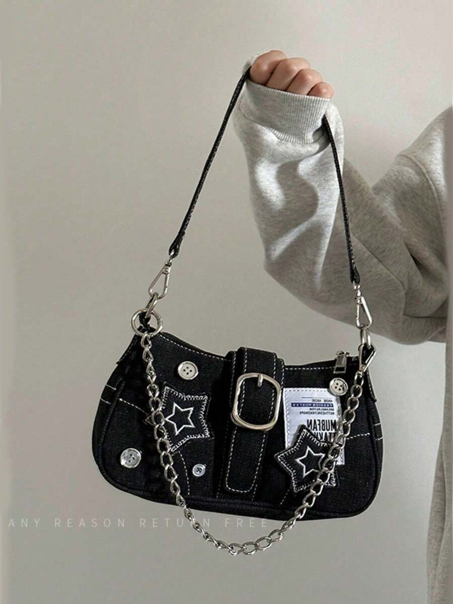 Black Star Pattern Denim Shoulder Bag, Unique Buckle Chain Baguette Bag, Vintage Niche Shoulder/Crossbody Bag - Multicolor - View 1