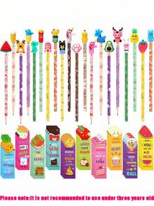 34pcs-Inspiring Fruit Bookmarks And Pencils With Cute Toppers, Fun Pencils, Fruit Food Themed Bookmarks, Cartoon Pen Caps, First Day Of School - Multicolor - View 1