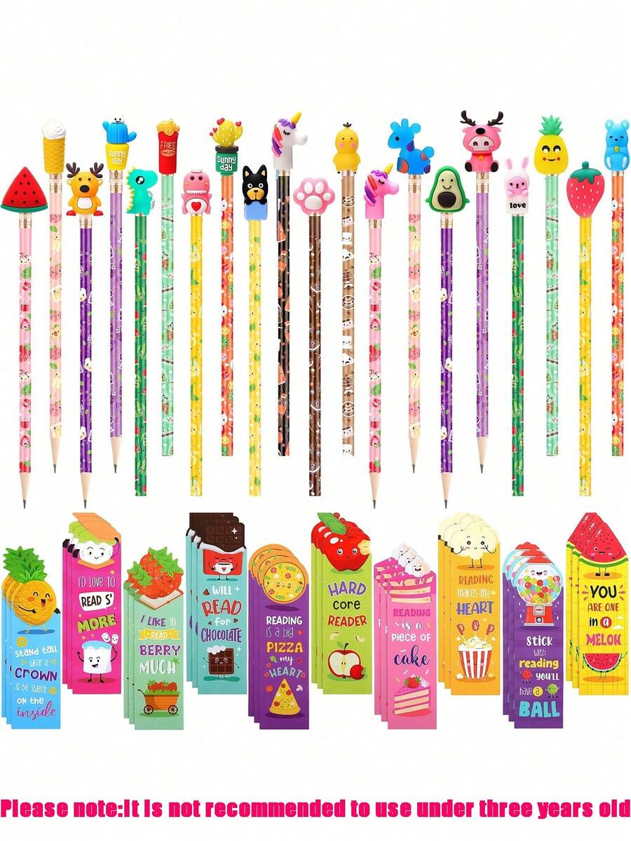 34pcs-Inspiring Fruit Bookmarks And Pencils With Cute Toppers, Fun Pencils, Fruit Food Themed Bookmarks, Cartoon Pen Caps, First Day Of School - Multicolor - View 1