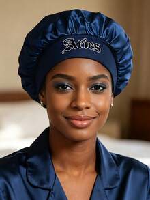 1Pc Women's Navy Satin Sleep Bonnet, 12 Constellation Print Extra Large Night Cap With Wide Elastic Band, Lightweight Silky Hair Care Hat - Dark Blue - View 1