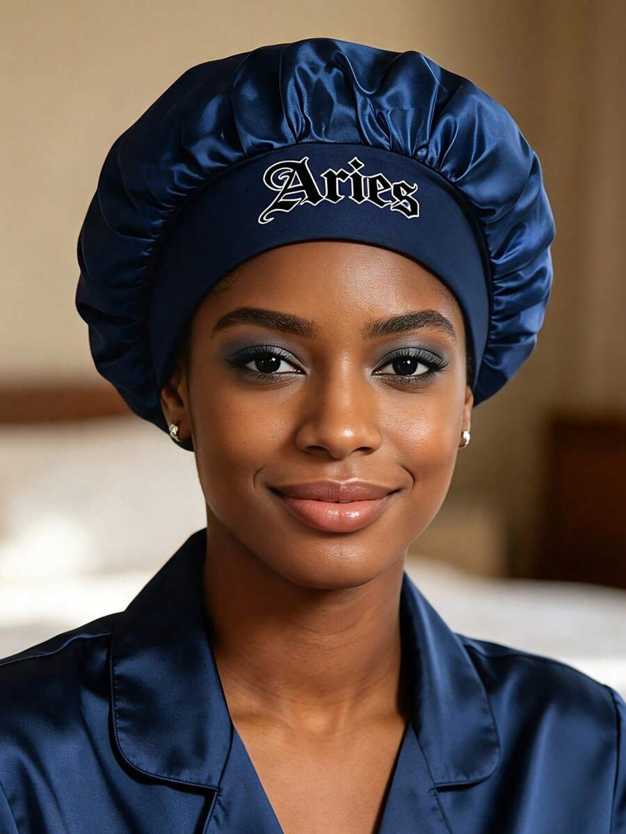 1Pc Women's Navy Satin Sleep Bonnet, 12 Constellation Print Extra Large Night Cap With Wide Elastic Band, Lightweight Silky Hair Care Hat - Dark Blue - View 1