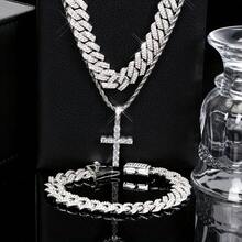 3pcs/Set, Unisex, Cross Pendant Necklace And Bracelet Set, Cuban Link Bracelet, Customizable Cuban Link Bracelet, Miami Cuban Link Bracelet With Cubic Zirconia - Gold - View 4