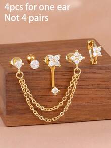 4PCS Flower Zirconia Tassel Chain Pendant Earrings Set For Women 18K Gold Plated Stainless Steel Round Zirconia Ear Stud Delicate Daily Jewelry - 4PCS-gold - View 4