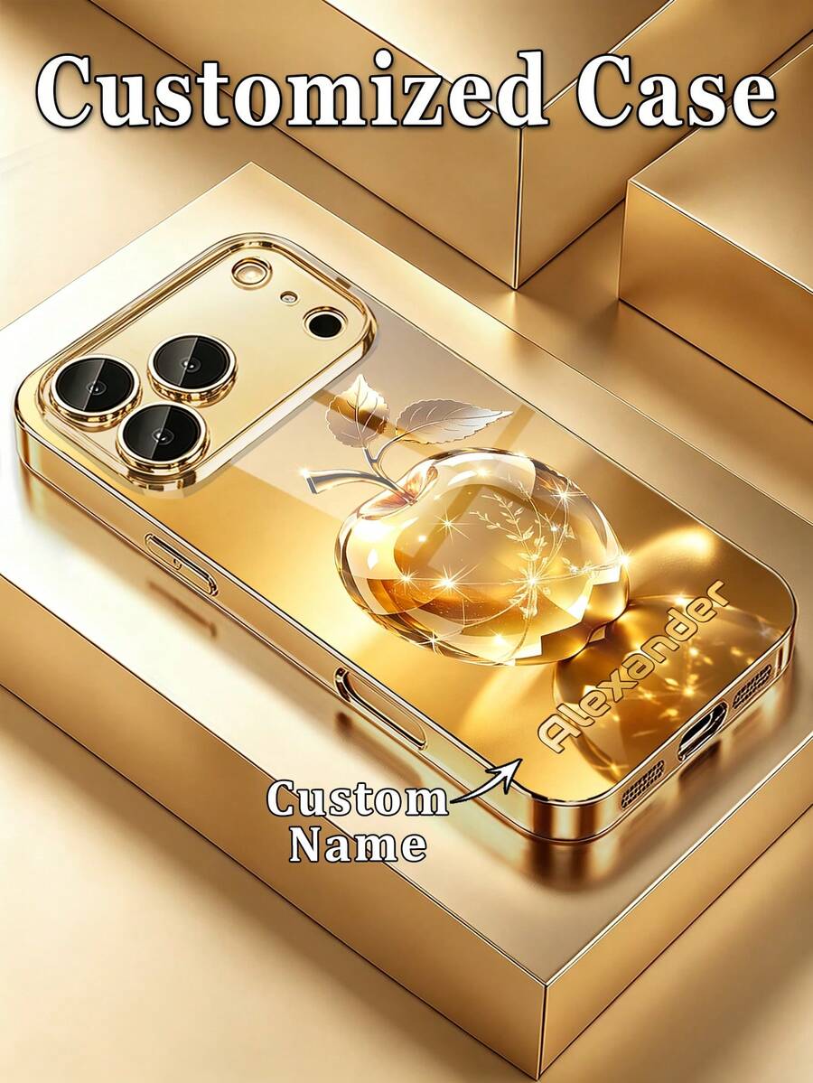 1件 DIY 定製姓名奢華金星光水晶圖案手機殼 高清電鍍金玻璃 適用於 Apple 17ProMax/16 Pro Max/15/14 Plus/13 Pro/12 Pro Max/11/XsMax/8/7/6Plus 手機配件，時尚、多彩、可愛、有趣、極簡、搭配手機殼 - 金色 - 查看 1
