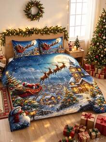 3pcs Christmas Theme, Santa Claus Reindeer Sleigh Christmas Pattern Bedding Set Comforter And Pillowcases 3 Pieces Set - Soft, Comfortable And Breathable Bedding, 200g Quilted Filling, Includes 1 Comforter And 2 Pillowcases (Pillow Inserts Not Included) - Perfect Choice For Home Or Dorm Christmas Decoration - Multicolor - View 1