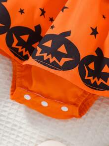 Baby Girl Halloween Theme Pumpkin Head & Star Print Ruffle Bow Long Sleeve Triangle Bodysuit Dress, Autumn - Multicolor - View 6