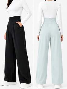 Women's Solid Color High Waist Pocket Pleated Casual Sports Long Pants 2pcs Set Black - Black - View 4