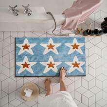 1pc Blue Background White & Brown Five-Pointed Star Pattern Bathroom Mat, Bathroom Rug, Blue Background White & Brown Five-Pointed Star Pattern Doormat, Small Rug, Carpet, Floor Mat, Home Decor, Area Rug, Outdoor Mat, Home Decor, Area Carpet, Bedroom Rug, Washable Carpet - Multicolor - View 4