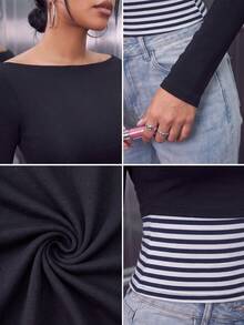 Women's Casual Boat Neck 2 In 1 Slim Fit Long Sleeve T-Shirt For Winter Fall Daily,Winter Fall Outfit,Winter Fall Clothes,Going Out,Cute - Black - View 8