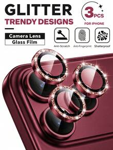 3pcs [2026 New] 9H Tempered Glass Camera Lens Protector, Compatible With IPhone 18 Pro Max, Shiny Crystal Design, Sparkling Burgundy, Scratch-Resistant & Shockproof, High Definition Transparent, Bubble-Free Easy Installation, Compatible With Phone Cases, Fashionable Phone Accessory, Thoughtful Birthday Gift For Family And Friends, Includes Packaging - Burgundy - View 1
