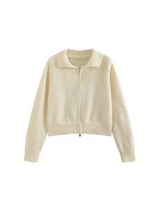 Korean Style Soft Knit Cardigan With Turn-Down Collar And Zipper, Loose Fit Versatile Minimalist Casual Sweater Jacket - Apricot - View 2