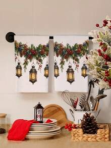 2pcs/4pcs Vintage Christmas Lantern Kitchen Towels, Watercolor Holly Red Berry Blue Berry Pine Cone Pine Branch Print, Country Style Christmas Hand Towels, Kitchen Baking Decorative Towels - Multicolor - View 2