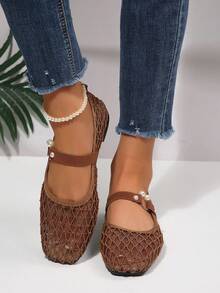Bohemian Buckle Premium Fishnet Hollow Woven Closed-Toe Sandals - Brown - View 3