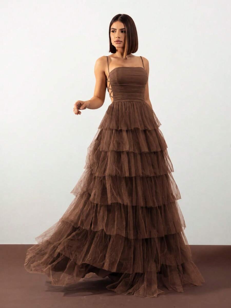 CLASSIC LONG PARTY DRESS FOR WEDDING BRIDESMAIDS GRADUATIONS SPARKLY TULLE - 棕色的 - 查看 1