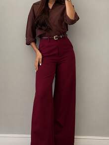 Women's Tailored Wide Leg Trousers With Button And Zipper - 酒紅色 - 查看 2
