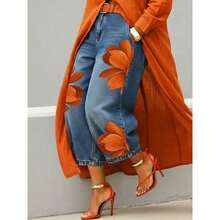 Vaqueros mujer talle alto pierna ancha holgados, estampado floral rojo original - Naranja - Ver 2