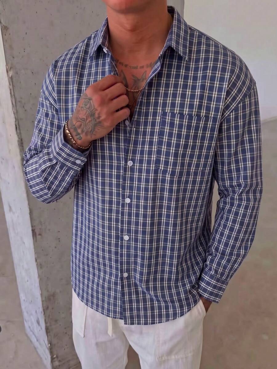 Men's Casual Commute Plaid Long Sleeve Shirt, Comfortable And Versatile, Spring Autumn Winter - Navy Blue - View 1