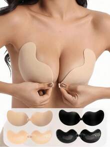 2 Pairs Seamless Invisible Push-Up Strapless Backless Front-Closure Self-Adhesive Silicone Breast Pads For Women (Black + Apricot) - Multicolor - View 16