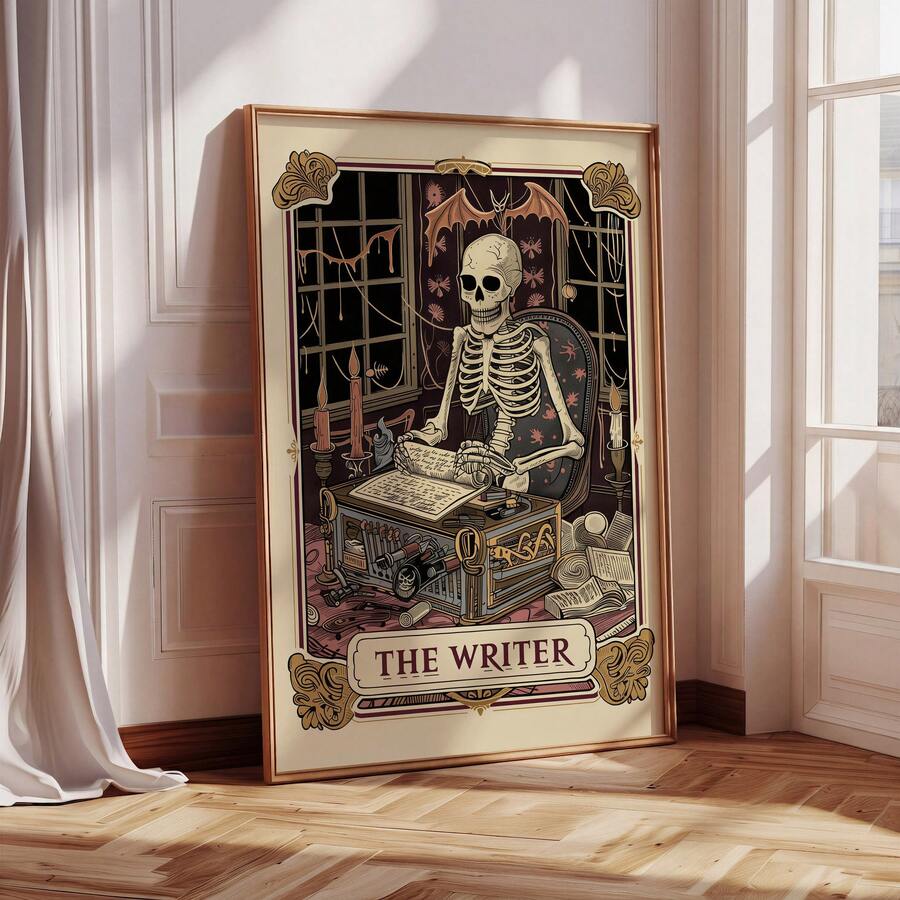 1pc Frameless Vintage Gothic Tarot Skeleton Wall Art Print, Minimalist Witchy Room Decor For Dorm, Bedroom, Party, Back To School, Funky Posters - Frameless - View 1