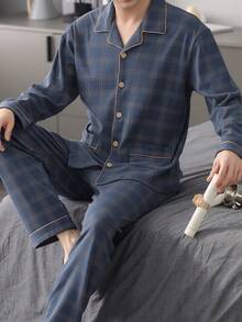 CJGD Men's Plaid Lapel Long Sleeve Pajama Set With Long Pants, Casual Fashionable Loungewear For Home And Outdoor Wear - Navy Blue - View 4