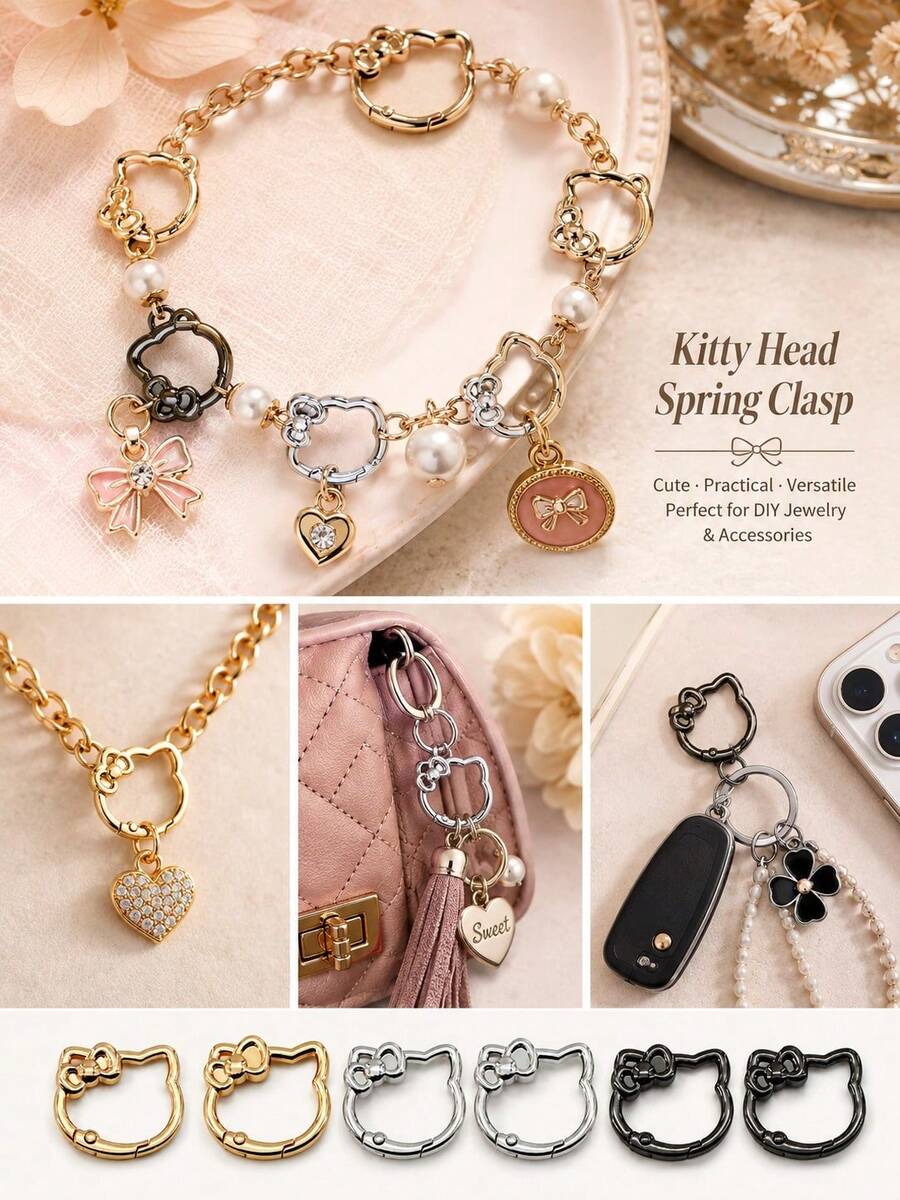 3pcs Sanrio Hello Kitty Charms For Jewelry Making, 3PCS Cat Head Carabiner Keychain Clasp, Metal Spring Clasp, , DIY Bag Charm & Keyring Accessories - Charms - View 1