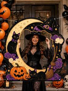 Halloween Photography Props, Fun Polyester Hollow Out Party Props, Equipped With Witch Magic Jars, Ghost Castles, Black Cats, Interactive Photo Booth Decorations, Suitable For Trick Or Treat Parties, Halloween Party Decorations, And Home Decor Items - A - View 3