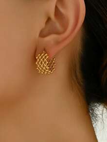 1 paire de boucles d'oreilles en acier inoxydable creuses plaquées or pour femmes, convenant pour un port quotidien (carte non incluse) - Boucles d'oreilles en maille - Voir 1