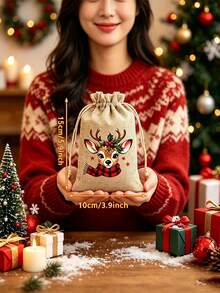 12 buah Tas Kado Linen Natal, Ukuran 14,99 x 9,91 cm, Tas Kado Serut yang Dapat Digunakan Kembali, 5 Desain Bertema Natal Acak, Sempurna untuk Souvenir Pesta Natal, Hadiah Ulang Tahun, dan Dekorasi Pohon Natal - MultiWarna - View 3