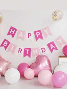 1 Set Pink Happy Birthday Paper Bunting, Modern Metallic Letter Graphic Decorative Pull Flag, Suitable For Birthday Party Event Decoration - A - View 4