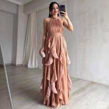 Vestido Largo Elegante de Verano para Mujer, Cuello Halter, Cintura Fruncida, Falda Holgada, Ideal para Banquetes, Fiestas y Reuniones - Marrón tierra - Ver 4