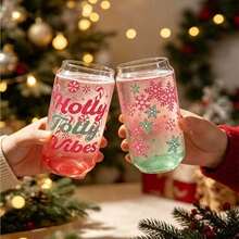 Christmas Themed Printed Glass Cup Set / Paired With Bamboo Lid. Glass Straw, Stainless Steel Straw Brush. Multiple Fun Holiday Patterns, Transparent Cup Body With Excellent Texture, Suitable For Cold Drinks, Juice, Coffee, Home Use, Holiday Gifts, Party Use, Perfect For Decorating The Atmosphere Of Winter Time. - Multicolor - View 7