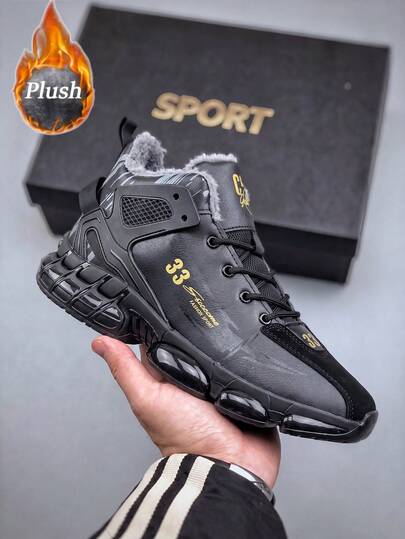 Men's All-Black Gold Letter Print High-Top Basketball Sneakers, Full Air Cushion Shock-Absorbing Sports Shoes, Non-Slip Fashion Casual Athletic Training Shoes