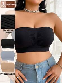 3pcs Plus Size Women Strapless Seamless Ribbed Camisole Tank Top, Elastic Summer Casual Cropped Spaghetti Strap Top - Multicolor - View 2