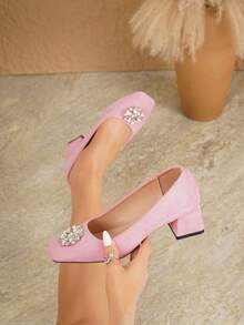 AMROUO 2026 New Elegant Suede Square Toe 4.5cm Block Heel Pumps With Rhinestone Flower Buckle Decor, Soft And Comfortable, Fashion Women's Shoes For Dress, Formal, Date, Commute, Party And Multi-Occasion Wear - Baby Pink - View 9