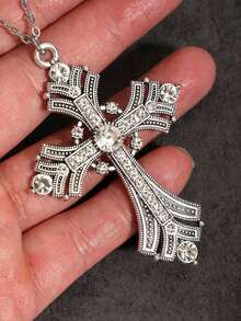 Kalung Salib Besar Bergaya Gotik Vintage dengan Hiasan Mawar dan Berlian Imitasi, Kalung Salib Perak Ukir Keren Versi Korea yang Dipersonalisasi, Kalung Rantai Sweater untuk Wanita - Perak - View 2