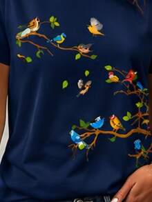 Camiseta Unissex 100% Algodão Confortável '' Galhos Flores '' Manga Curta Básica Casual Masculina e Feminina - Azul Marinho - Visão 2