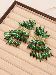 1 Pair Exaggerated Luxury Crystal Leaf Wedding Earrings, Fashionable Elegant Women's Jewelry Gift - Green - View 3