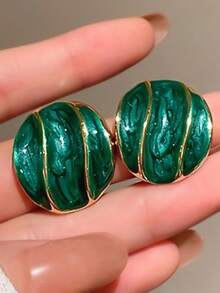 1 Pair Daily Wear Stud Earrings For Women, Wedding Engagement Party Jewelry, Valentine's Day Gift - Golden Yellow + Green - View 4
