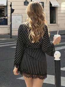 Women's Vintage Striped 2-Piece Set, Long Sleeve Top And Bodycon Mini Skirt, Shirt And Skirt Outfit, Suitable For Daily Work, Holiday Casual Wear, Daily Commute, Shopping, Party, Dance, Christmas, Halloween, Autumn/Winter - Black - View 3