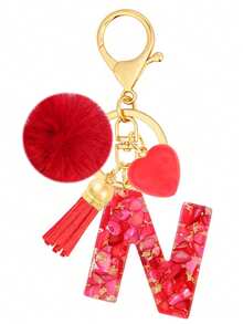 Cute Initial Red Heart Gold Foil Stone Tassel Pom Pom Keychain Resin Drip Glue Minimalist Personalized Key Chain For Women Bags Daily Wear And Gift - Red - View 21
