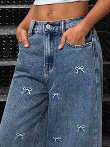 Celana Jeans Denim Bordir Pita Gaya Kasual untuk Remaja Putri - Biru - View 4