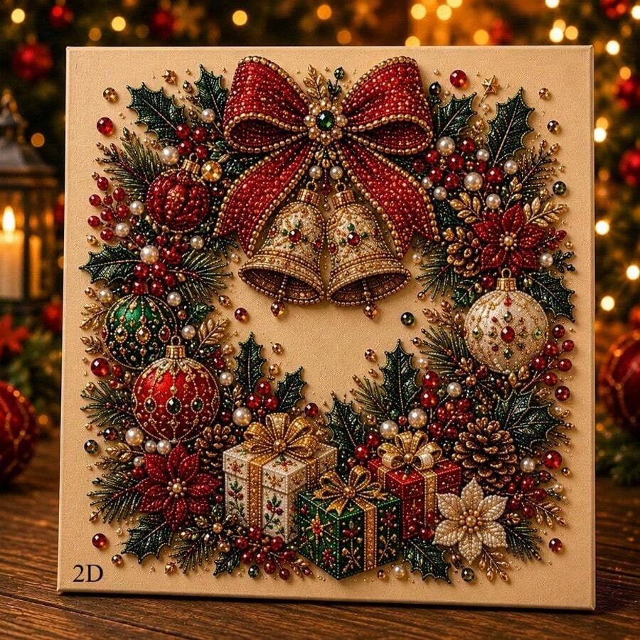 2D Shaped Christmas Diamond Painting Set, Pearl Rhinestone Wall Decor, Christmas Bells, Gingerbread House, Reindeer Socks, Tree Patterns, Canvas Decoration, Suitable For Living Room, Bedroom, Holiday Gift - Sets - View 1